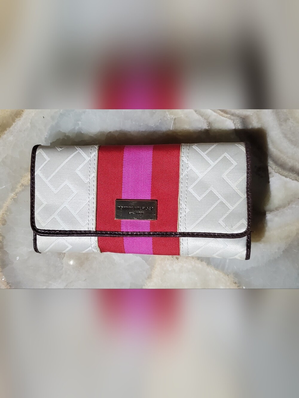 Tommy Hilfiger Cream Wallet with Pink and Red Center Stripe